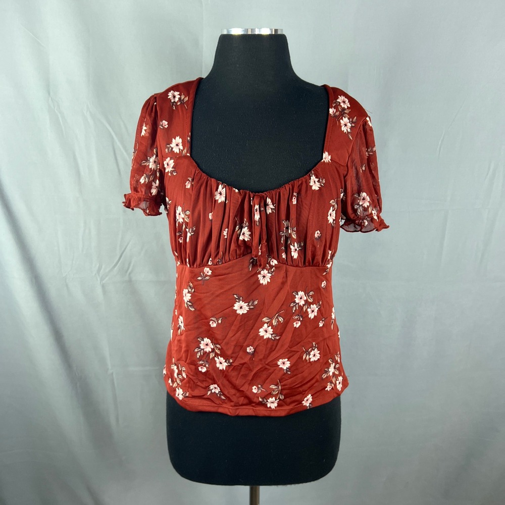 No Boundaries Blouse Top Womens Large Brown Floral Stretch Ruched Square Neck